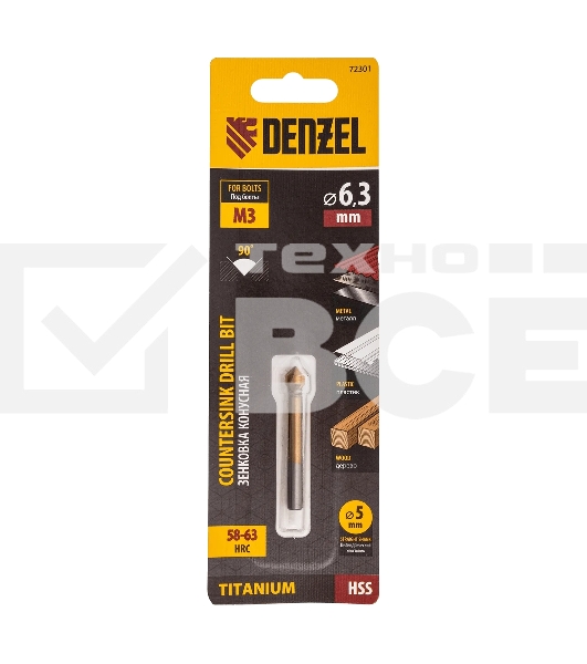 Зенковка конусная Denzel под М3, HSS, по металлу, цилиндрический хвостовик