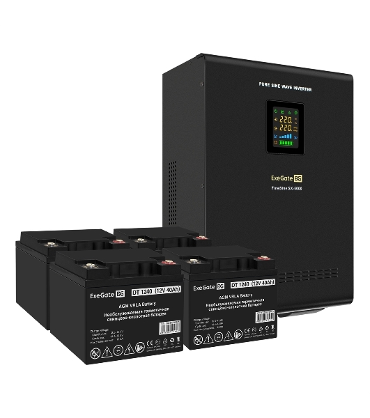 Комплект источника бесперебойного питания Exegate EX296004RUS + батарея 40Aч EX282976RUS 4шт (инвертор, синус, для котла, настенный) ExeGate FineSine SX-5000.LCD.AVR.2SH.T <5000VA/3500W, чистая синусоида, цветной LCD-дисплей, AVR, 2*Schuko+клеммы, линейно-интерактивный, крепление настенное, черный> + батарея ExeGate DT 1240 (12В, 40А·ч) 4шт