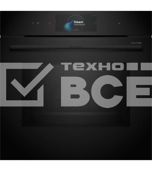 Духовой шкаф Bosch HNG978QB1 Accent line. Serie 8, духовой шкаф с микроволнами и паром, черный, 28 режимов + комбинированные режимы, микроволны до 800 Вт, 4-слойное остекление, 3 цветных текстовых TFT-дисплея 2,5' с сенсорным управлением, поворотный переключатель ControlRing, LED-освещение, меню 'Assist', PerfectBake, PerfectRoast, пиролитическая самоочистка, телескопические направляющие на 1 уровне