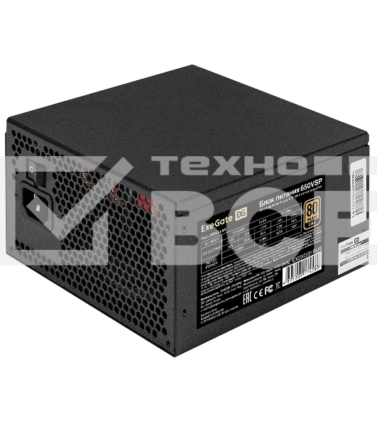 Блок питания 650W ExeGate 80 PLUS® GOLD 650VSP FС (ATX3.0, APFC, КПД 90% (80 PLUS Gold), 120мм fan, 24pin, 2x(4+4)pin, PCIE5.0/12VHPWR, 2xPCI-E, 6xSATA, 3xIDE, 1xFDD, Full Cable Management, black, Color box)