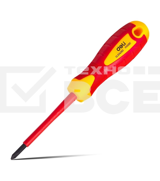 Диэлектрическая крестовая отвертка Deli DL514080 PH1х80мм сталь Cr-V, сертификат VDE для работ под напряжением до 1000 В