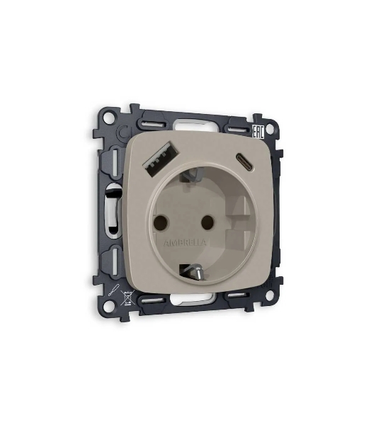 Комплект механизма электрической розетки OMEGA Серо-бежевый матовый 2USB A+C 20W (быстрая зарядка) с/з QUANT (OP3700, VM160) MO370010