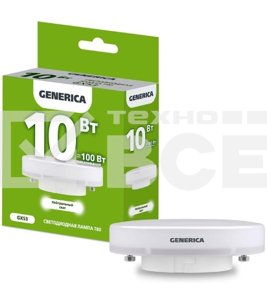 Лампа LED T80 IEK LL-T80-10-230-40-GX53-G таблетка 10Вт 230В 4000К GX53 GENERICA