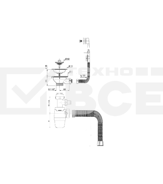 Сифон WIRQUIN NEO с нерж. чашкой D114мм, отводом для ст.м.,с универс. переливом,гофротрубой L800мм