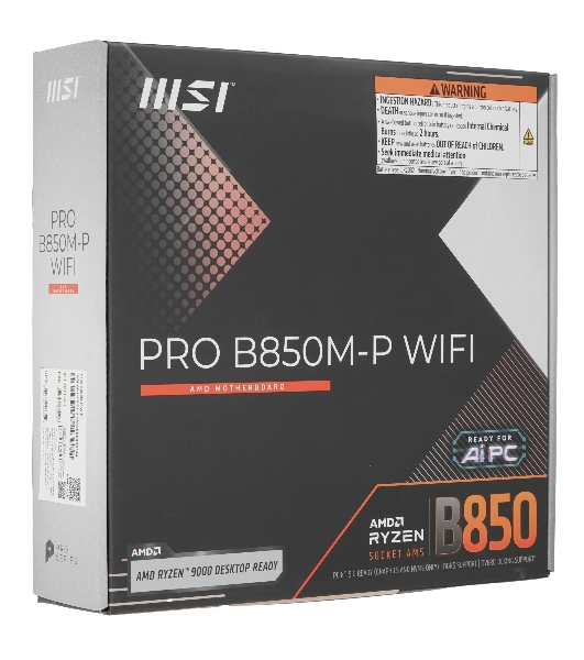 Материнская плата MSI PRO B850M-P B850, AM5, 4*DDR5, 4*PCIEx16, 3*M.2, 2*TypeC, 1*USB3.2Gen2, 6*USB3.2Gen1, 8*USB2.0, 4*SATA3.0, 5G, DP, HDMI, M-ATX, RTL