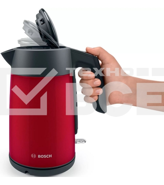 Чайник электрический Bosch TWK7L464 1.7 л, 2400 Вт., нерж.сталь, покрытая эмалью, красный, шкала уровня воды