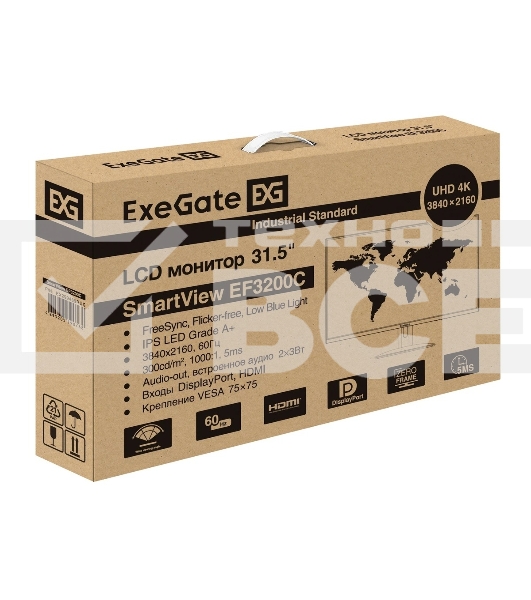 Монитор 31.5' ExeGate SmartView EF3200C IPS 3840x2160, 60 Гц, 5 мс, 16:9, 300 кд/м², HDMI 2.0, DP, 3.5 Jack, USB Hub, динамики (2x3 Вт), HDR10, FreeSync, черный