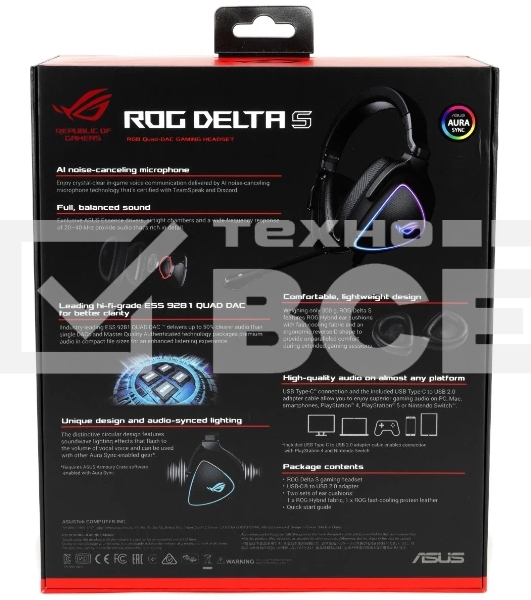 Игровые наушники ASUS ROG Delta S черные (7.1, USB Type-C + A, RGB подсветка, 50 мм, ESS 9281 Pro, микрофон, 90YH02K0-B2UA00)