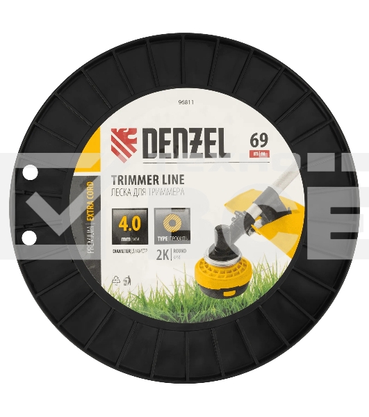 Леска для триммера Denzel двухкомпонентная круглая, 4,0мм х 69м, на DIN катушке EXTRA CORD