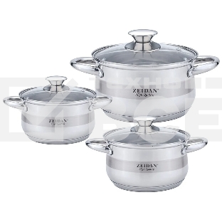 Набор посуды Zeidan Z-50632 6 предм.: кастрюля с/кр 2,0 л (16 см), кастрюля с/кр 3,0 л (18 см), кастрюля с/кр 4,0 л (20 см), нержавеющая сталь, комбинированная полировка снаружи, зеркальная полировка внутри, шкала литража, крышки - стекло, 5-ти СТЕПОВОЕ К