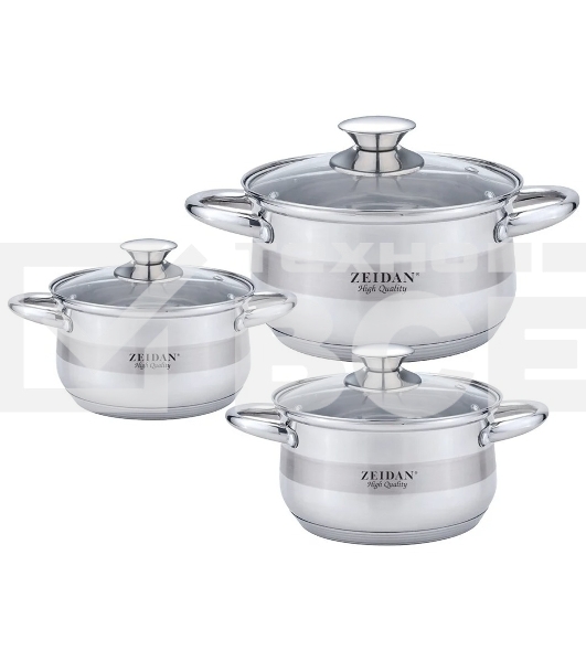 Набор посуды Zeidan Z-50632 6 предм.: кастрюля с/кр 2,0 л (16 см), кастрюля с/кр 3,0 л (18 см), кастрюля с/кр 4,0 л (20 см), нержавеющая сталь, комбинированная полировка снаружи, зеркальная полировка внутри, шкала литража, крышки - стекло, 5-ти СТЕПОВОЕ К