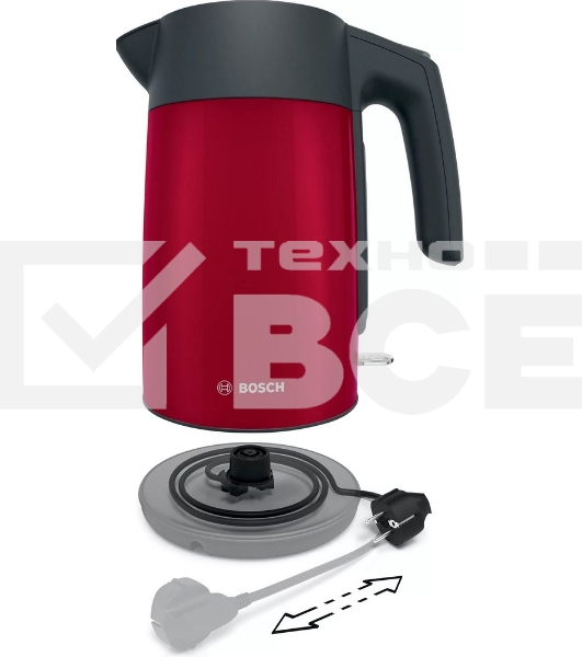 Чайник электрический Bosch TWK7L464 1.7 л, 2400 Вт., нерж.сталь, покрытая эмалью, красный, шкала уровня воды