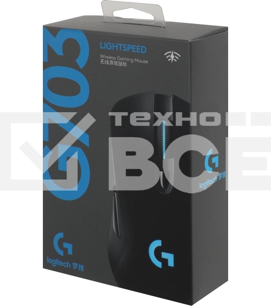 Мышь игровая Logitech G703 Lightspeed черная, сенсор 100-25600dpi (Hero25K), беспроводная 2.4GHz + USB 1,8м, 5 программируемых кнопок + колесо прокрутки, RGB-подсветка, под правую руку