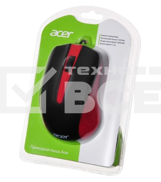 Мышь проводная Acer OMW012 черный/красный, 1200 dpi, USB, кнопки - 3