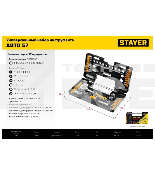 Набор STAYER AUTO 57 универсальный набор инструмента 57 предм.