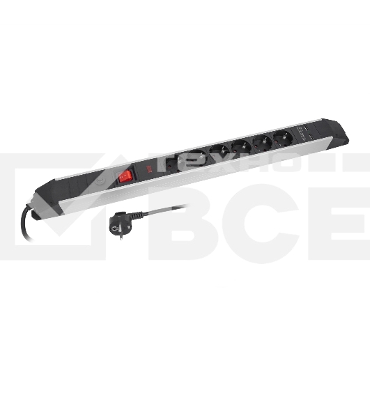 Сетевой фильтр СТАРТ SP 6x1 ZDVT 2USB, 6 розеток, до 16А, 1.5м, с заземлением, кнопка включения, алюминиевый корпус, защитные шторки, черный