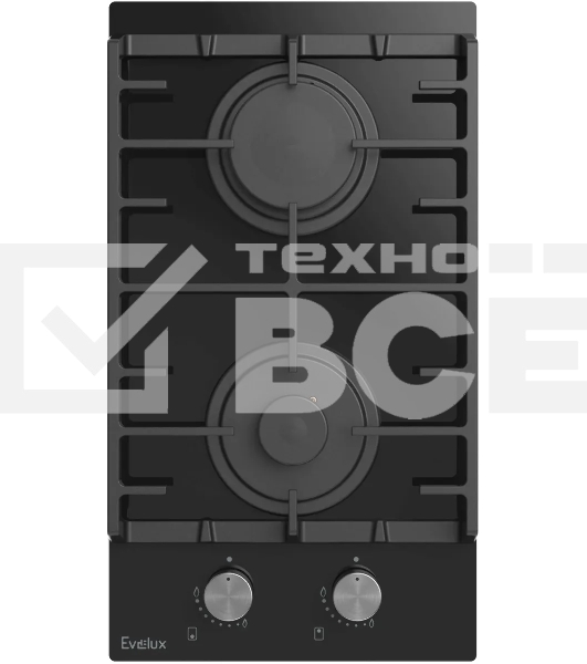 Газовая варочная панель EVELUX HEG 360 BG, Hi-Tech, 30 см, 2 конфорки, газ-контроль, электроподжиг, черный