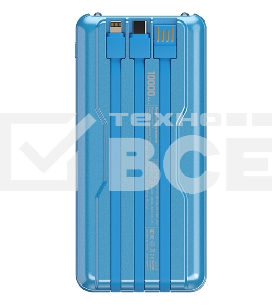 Портативный аккумулятор Maxvi PB10-11 10000 мАч blue 3A, встроенные кабели USB A/Type-C/Lightning
