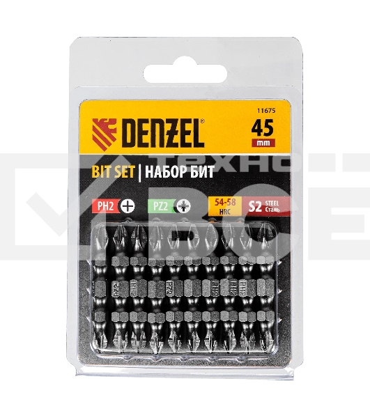 Набор бит Denzel двухстор., PH2-PZ2х45 мм, сталь S2, 10 шт.