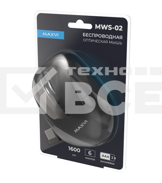 Мышь беспроводная Maxvi MWS-02 черный, 6 кнопок, 1600 dpi