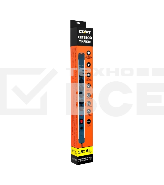Сетевой фильтр СТАРТ SP 6x1 ZDVT 2USB, 6 розеток, до 16А, 1.5м, с заземлением, кнопка включения, алюминиевый корпус, защитные шторки, черный