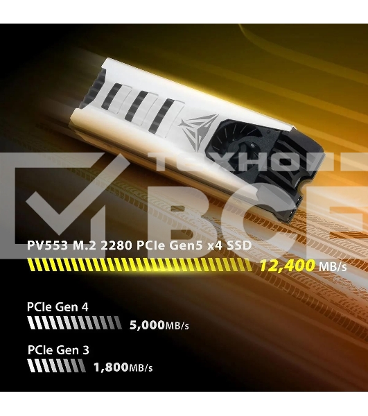 Накопитель SSD Patriot PV553, 4Tb, PCIe 5.0 x4, M.2 2280, NVMe, R/W 12400/11800, с активным охлаждением