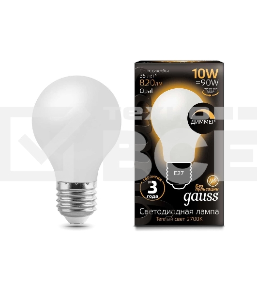 Лампа светодиодная LED GAUSS 102202110-D Filament A60 OPAL dimmable E27 10W 820lm 2700К 1/10/40