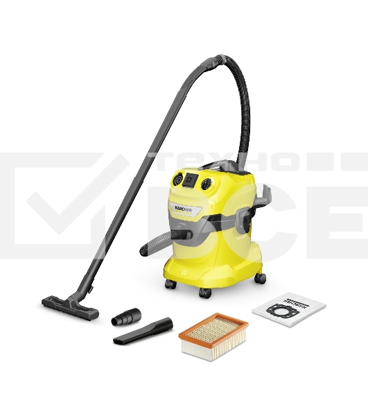 Строительный пылесос Karcher WD 4 P V-20/5/22 желтый, 1000 Вт, уборка сухая/сбор воды/выдув, пылесборник мешок/контейнер, 20 л