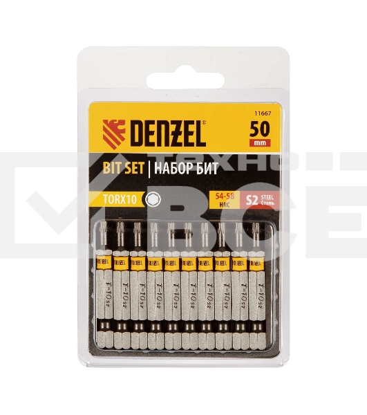 Набор бит Denzel TORX 10х50, сталь S2, шестигранный профиль, 10 шт.