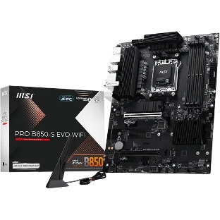 Материнская плата MSI PRO B850-S EVO WIFI, AM5, AMD B850, 4xDDR5 (до 256 ГБ), 4xSATA, 3xM.2 (1xPCIe 5.0, 2xPCIe 4.0), 1xPCIe 5.0 x16, 1xPCIe 4.0 x16, 1xHDMI, 1xDP, 1x5Gb LAN, Wi-Fi 7, Bluetooth 5.4, 1xUSB-C 10Gbps, 2xUSB-A 10Gbps, 2xUSB-A 5Gbps, 4xUSB-A 2.0, 3x3.5 мм, 7.1, чёрный, ATX