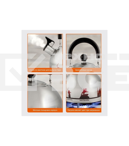 Чайник из нерж. стали MALLONY ГОРОДА РОССИИ со свистком 2,5 л, с рисунком, меняющим цвет