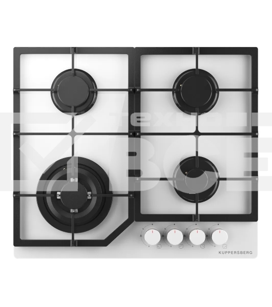 Варочная поверхность Kuppersberg, газ, High-Tech, 60 см, автоматический электроподжиг, газ-контроль, SABAF конфорки, чугунные решетки, WOK конфорка, цвет белое стекло, цвет фурнитуры белый