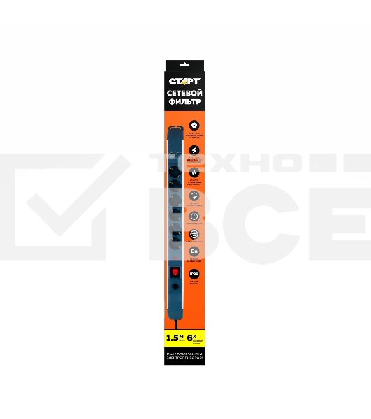 Сетевой фильтр СТАРТ SP 6x1 ZDVT 2USB, 6 розеток, до 16А, 1.5м, с заземлением, кнопка включения, алюминиевый корпус, защитные шторки, черный