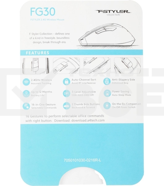 Мышь беспроводная A4Tech Fstyler FG30 серый, 2000 dpi, радиоканал, USB, кнопки - 5