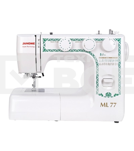 Швейная машина Janome ML 77, 25 операций, петля автомат, вертикальный челнок, нитевдеватель, регулятор длины и ширины строчки, отключение нижнего транспортера