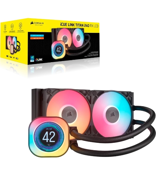 Система жидкостного охлаждения Corsair iCUE LINK TITAN 240 RX LCD (240мм, черный, RGb/ Fans: 2x120мм, 73.5CFM, 36dBA, 2100RPM/ S: 1851, 1700, AM5, AM4)