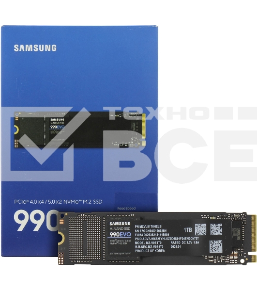 Накопитель SSD Samsung 990 EVO, 1024GB, PCIe 4.0 x4, M.2 2280, NVMe, R/W 5000/4200
