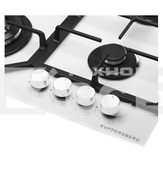 Варочная поверхность Kuppersberg, газ, High-Tech, 60 см, автоматический электроподжиг, газ-контроль, SABAF конфорки, чугунные решетки, WOK конфорка, цвет белое стекло, цвет фурнитуры белый