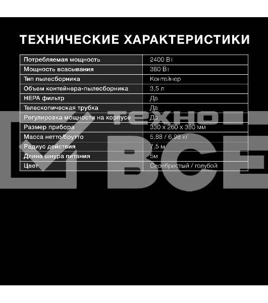 Пылесос Hyundai HYV-C2955 серебристый/синий, 380/2400 Вт, уборка сухая, пылесборник контейнер 3.5 л