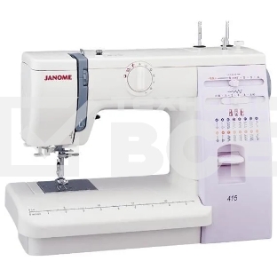 Швейная машина Janome 415 15 операций, вертикальный качающийся челнок, полуавтоматическое выполнение петли, автоматический нитевдеватель,  регулировка длины стежка до 4 мм, ширины зигзага до 5 мм, регулятор натяжения верхней нити, рычаг обратного хода, ле