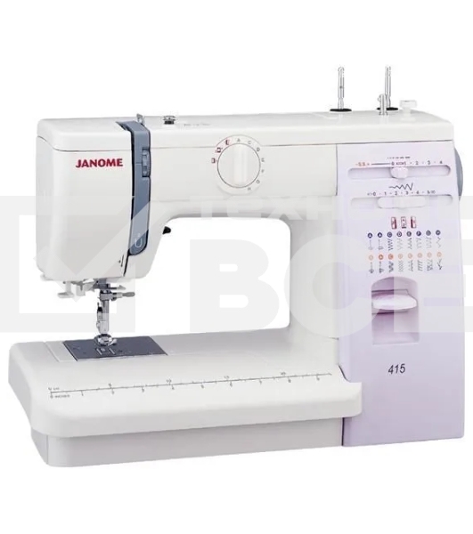 Швейная машина Janome 415 15 операций, вертикальный качающийся челнок, полуавтоматическое выполнение петли, автоматический нитевдеватель,  регулировка длины стежка до 4 мм, ширины зигзага до 5 мм, регулятор натяжения верхней нити, рычаг обратного хода, ле
