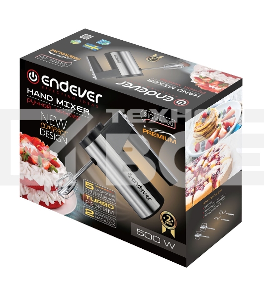 Миксер ручной Endever Sigma-06, черный/стальной, мощность 500 Вт, 2 насадки, 5 скоростей, 12 шт/уп.