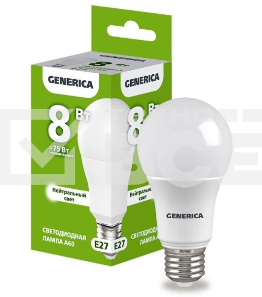 Лампа LED A60 IEK LL-A60-08-230-40-E27-G груша 8Вт 230В 4000К E27 GENERICA
