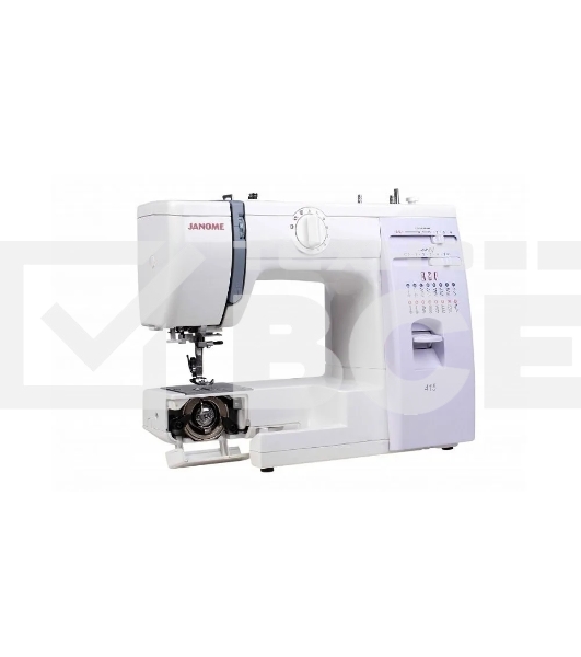 Швейная машина Janome 415 15 операций, вертикальный качающийся челнок, полуавтоматическое выполнение петли, автоматический нитевдеватель,  регулировка длины стежка до 4 мм, ширины зигзага до 5 мм, регулятор натяжения верхней нити, рычаг обратного хода, ле