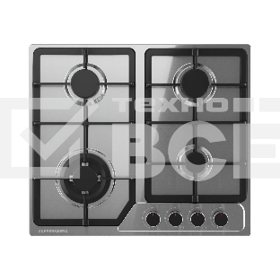Варочная поверхность Kuppersberg, газ, High-Tech, 60 см, автоматический электроподжиг, газ-контроль, SABAF конфорки, чугунные решетки, WOK конфорка, цвет нержавеющая сталь, цвет фурнитуры черный