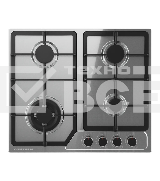 Варочная поверхность Kuppersberg, газ, High-Tech, 60 см, автоматический электроподжиг, газ-контроль, SABAF конфорки, чугунные решетки, WOK конфорка, цвет нержавеющая сталь, цвет фурнитуры черный