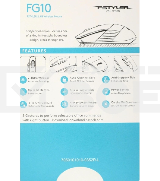 Мышь беспроводная A4Tech Fstyler FG10 черный/синий, 2000 dpi, радиоканал, USB, кнопки - 4