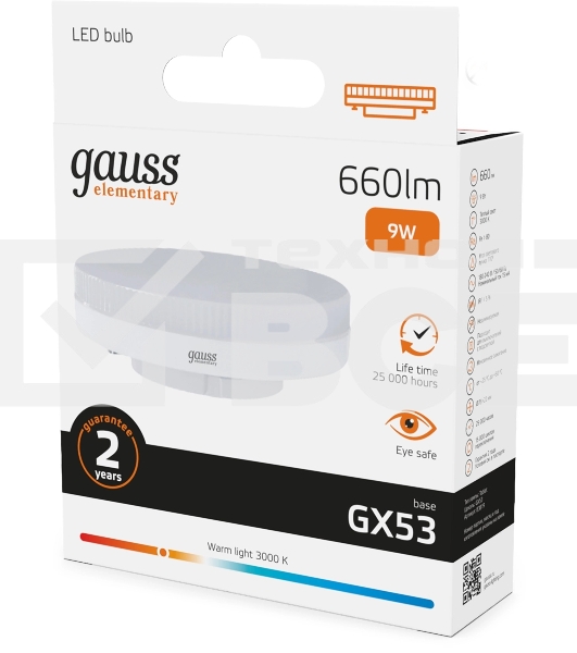 Лампа светодиодная Gauss Elementary 9Вт цок.:GX53 таблетка 220B св.свеч.бел.теп. Tablet (упак.:10шт) (83819)