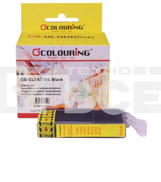 Картридж струйный Colouring CG-CLI-521BK черный с чипом водный (9 мл) для Canon IP3600/IP4600/MP540/MP620/MP630/MP980