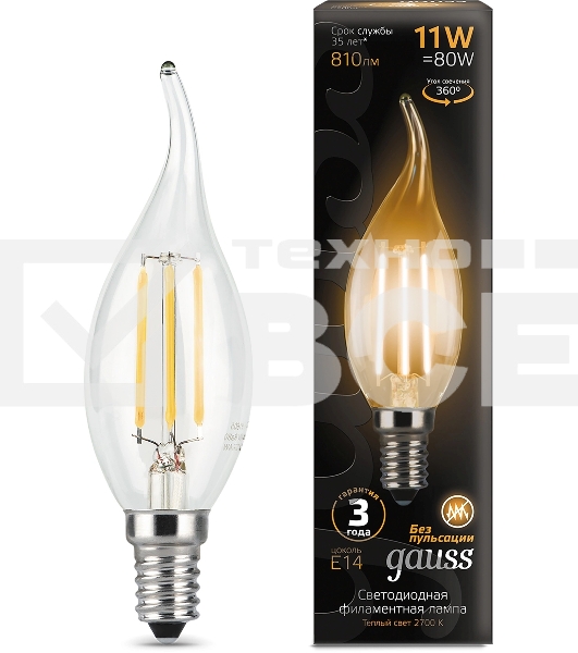 Лампа филам. Gauss Filament 11Вт цок.:E14 свеча 220B св.свеч.бел.теп. CF35 (упак.:10шт) (104801111)